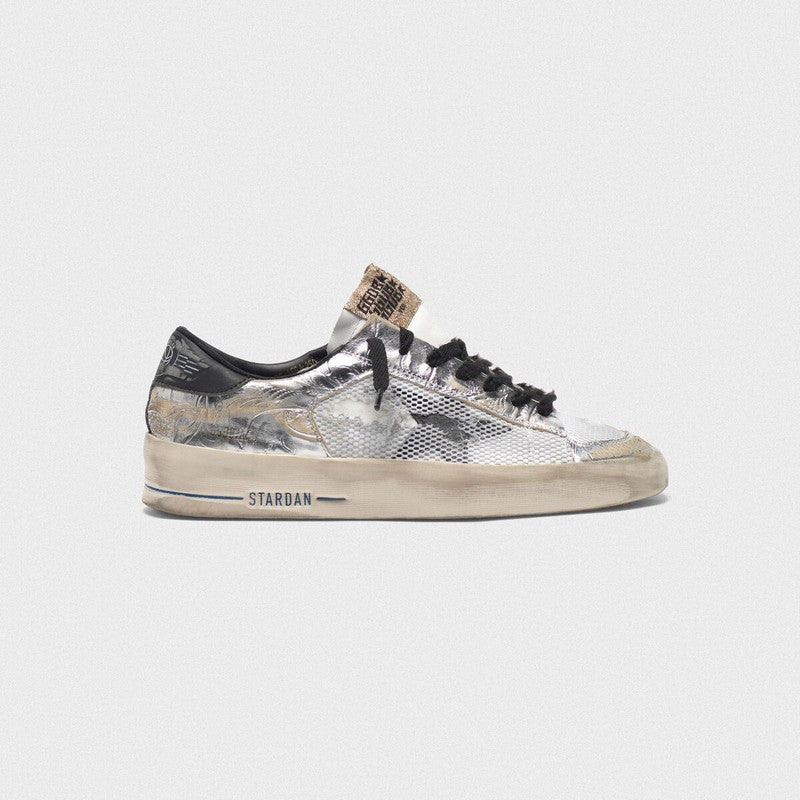 Golden Goose Womens Stardan LTD Sneakers In Laminated Silver With Floral Design Relief G35WS959.D7.
