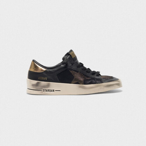 Golden Goose Womens Stardan Sneakers In Black And Gold Leather With Mesh Inserts G35WS959.C2